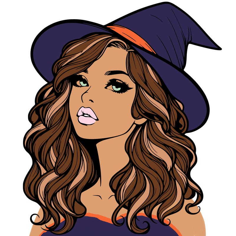 realistic witch girl with wavy hair and lips