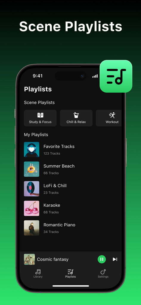Offline Music app interface showing scene playlists and personal tracks