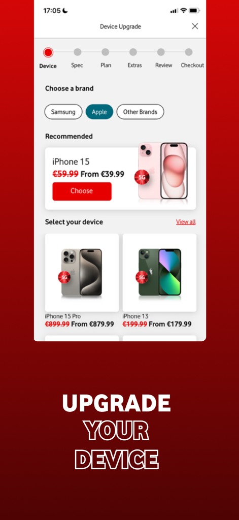Mobile app interface for My Vodafone Ireland showing device upgrade options for iPhones