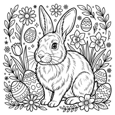 Celebrate spring and Easter with this delightful coloring page featuring a realistic bunny nestled among festive eggs and beautiful spring flowers. Perfect for bringing the joy of the season to life with your favorite colors.