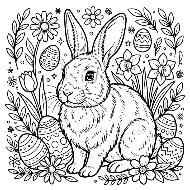 Celebrate spring and Easter with this delightful coloring page featuring a realistic bunny nestled among festive eggs and beautiful spring flowers. Perfect for bringing the joy of the season to life with your favorite colors.