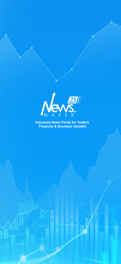 Newsmaker 23 - Newsmaker 23 app splash screen with financial charts and business update text on a blue background
