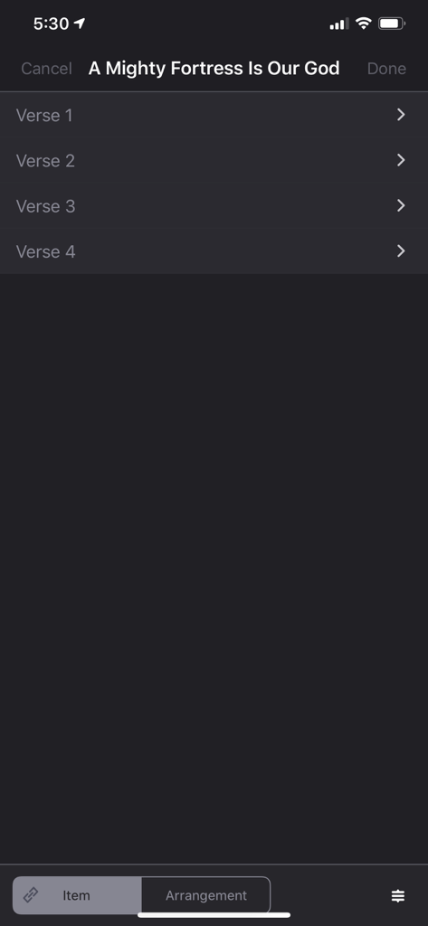 WorshipStorm Projector - Song arrangement interface in WorshipStorm Projector for organizing worship lyrics