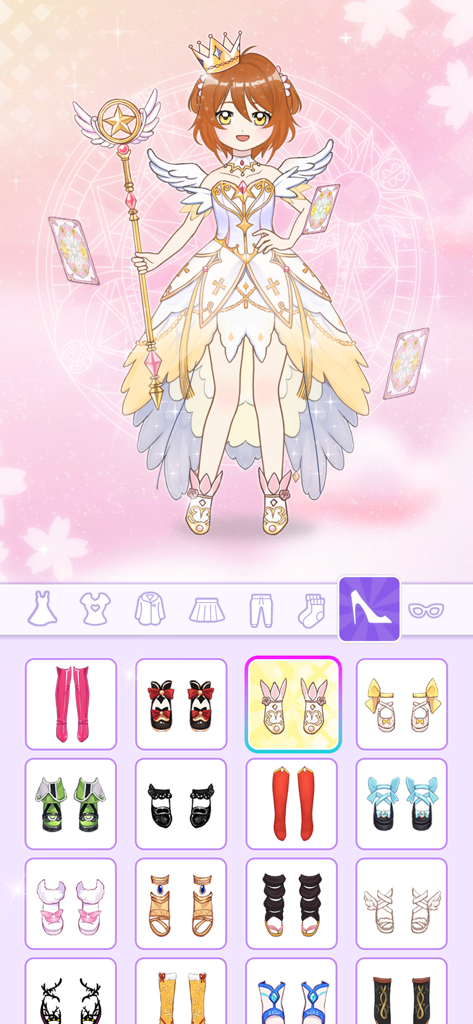 Anime Dress Up - Doll Dress Up - Anime girl in a white princess dress with a magic wand in a character customization menu.