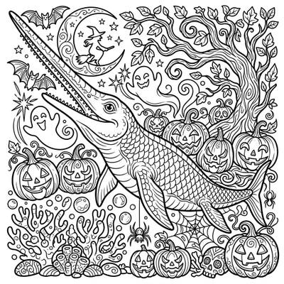 Unleash your creativity with this thrilling Eurhinosaurus Halloween coloring page! Combine ancient marine life with spooky season festivities for a unique artistic experience.