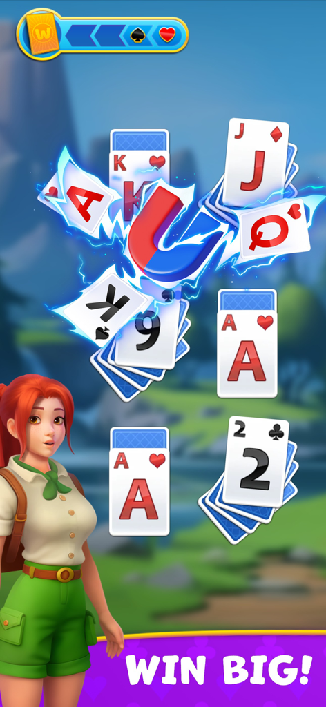 Kings and Queens: Solitaire - Gameplay de Kings and Queens Solitaire présentant un booster d'aimant attirant des cartes et un personnage d'aventurière