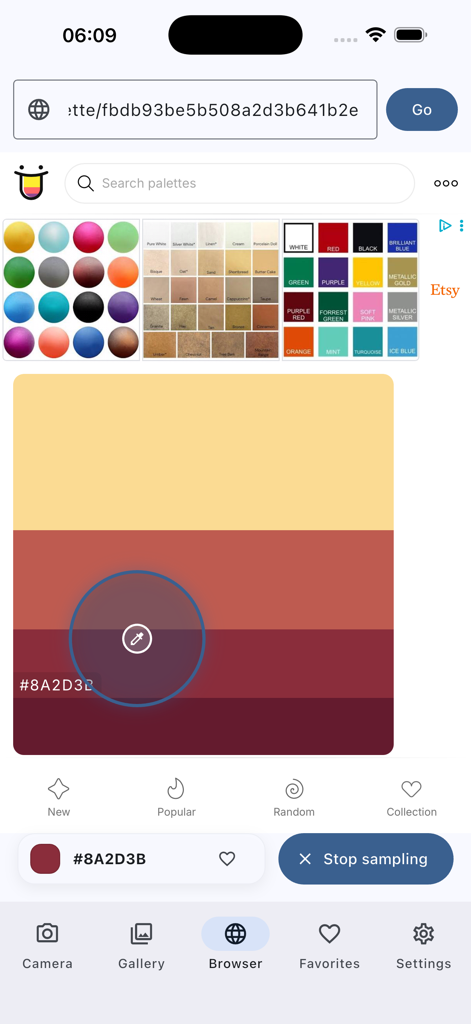 HexLens 앱 브라우저 기능은 웹 페이지 팔레트에서 Hex 코드를 샘플링합니다.