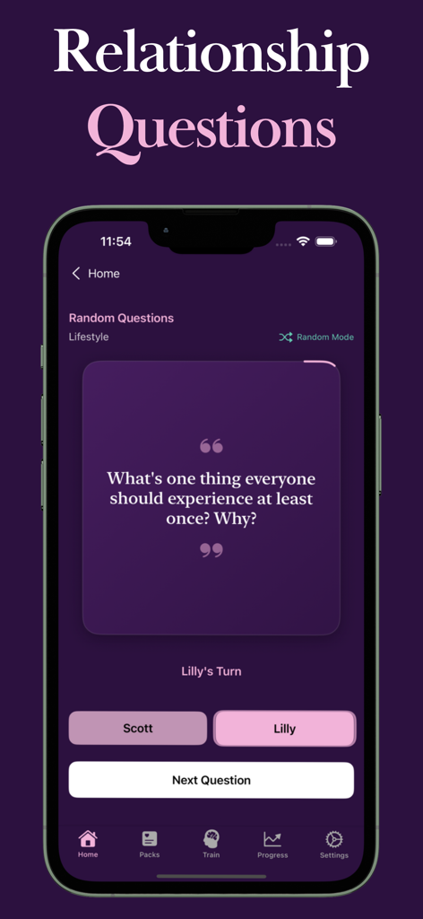 Couples Questions by Evermore - Interfaz de la app Evermore mostrando una pregunta de relación que invita a la reflexión para que las parejas respondan durante una noche de cita.