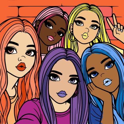 group of teen girls friends y2k up close in a selfie