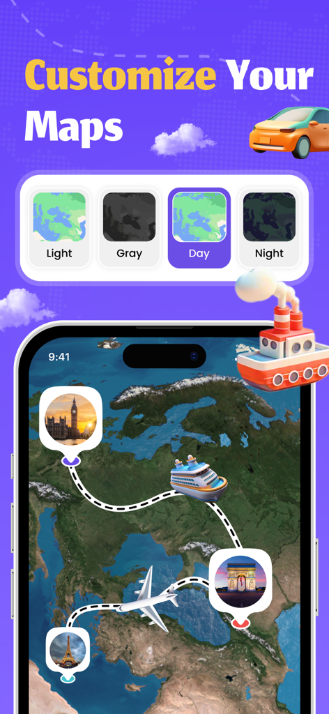 Interface of Travel Animator app showing map style options and an animated travel route with 3D icons and photo pins