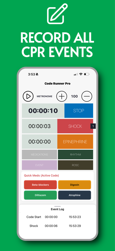 Code Runner Pro app interface for logging CPR events with medical timers and quick medication buttons