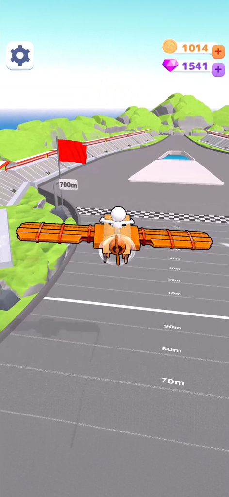 Un piloto volando un avión naranja sobre una pista hacia una línea de meta en un simulador 3D