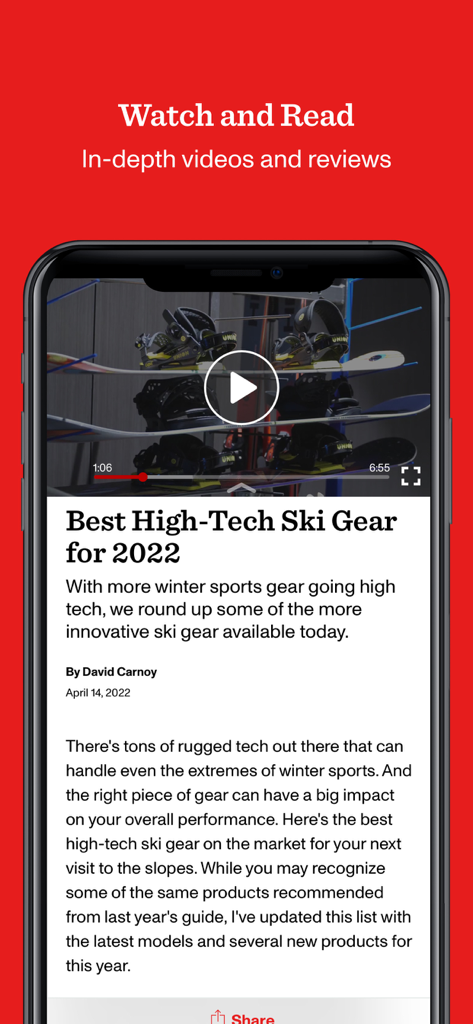 CNET app interface displaying a video review and an article titled Best High-Tech Ski Gear for 2022.