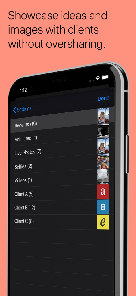 Peek-a-View - Peek-a-View app settings screen showing a list of photo albums for professional client sharing