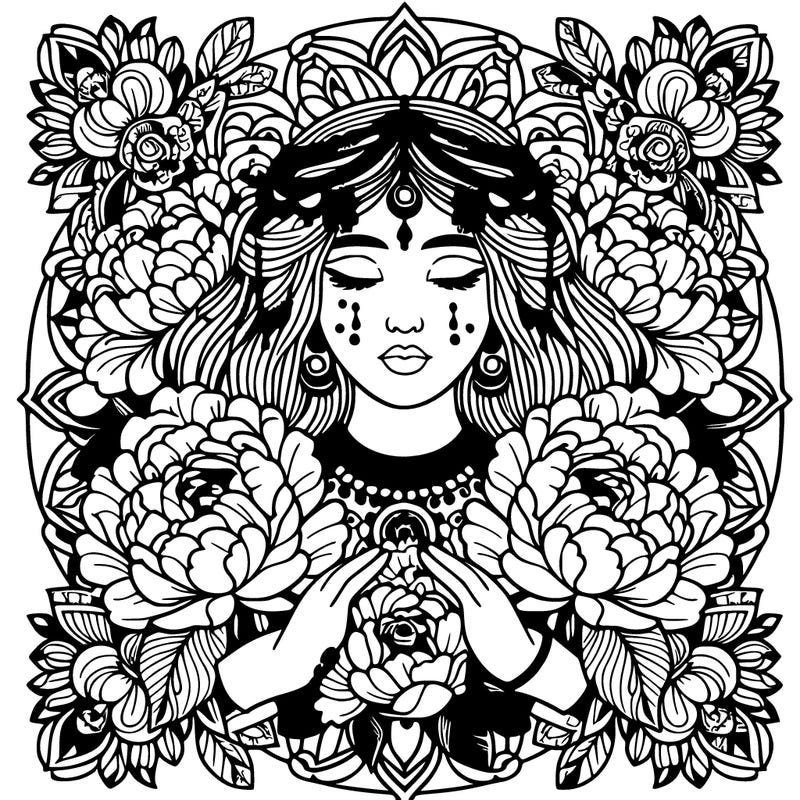 complex mandala indian woman with peonies and roses