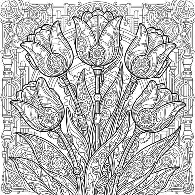 Dive into a fantastical blend of nature and machinery with this exquisite Steampunk tulips coloring page. Transform intricate gears, brass details, and elegant floral forms into a masterpiece of your own design.