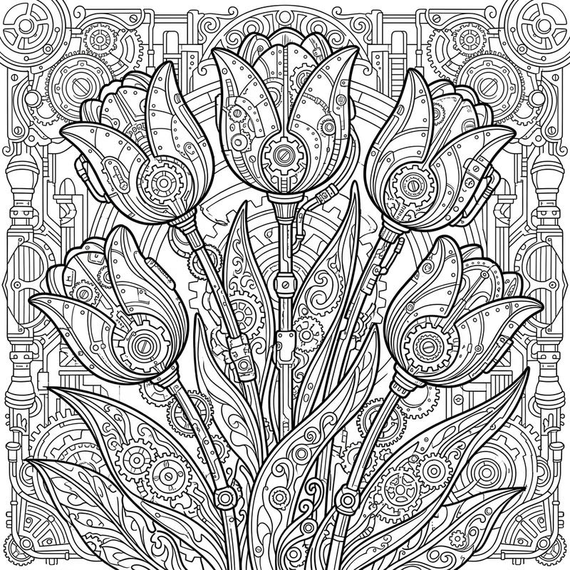 Dive into a fantastical blend of nature and machinery with this exquisite Steampunk tulips coloring page. Transform intricate gears, brass details, and elegant floral forms into a masterpiece of your own design.