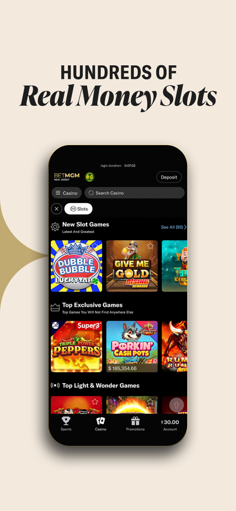 BetMGM Casino app interface showcasing real money slot games and jackpots