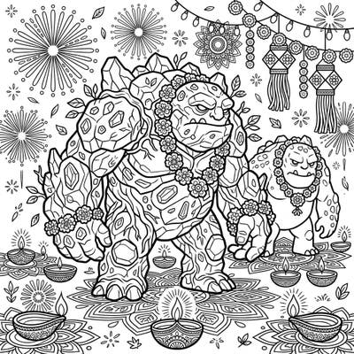 Immerse yourself in a vibrant Diwali celebration with these magnificent Earth Trolls! This unique coloring page combines fantasy and festivity, inviting you to bring a world of light and joy to life.