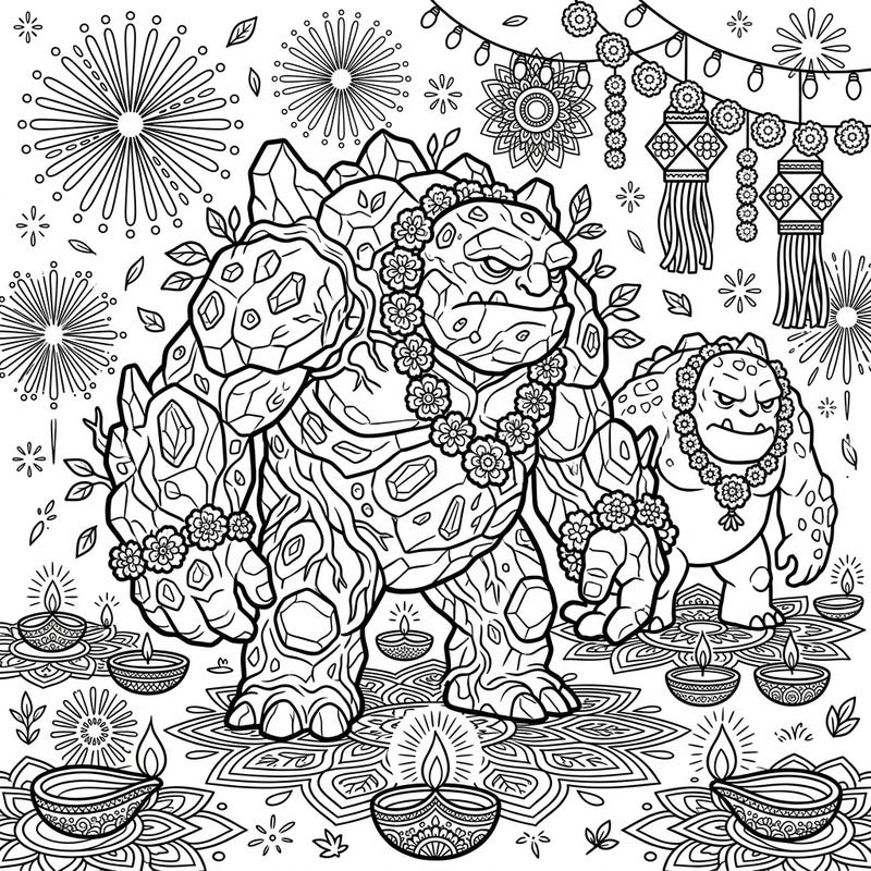 Immerse yourself in a vibrant Diwali celebration with these magnificent Earth Trolls! This unique coloring page combines fantasy and festivity, inviting you to bring a world of light and joy to life.