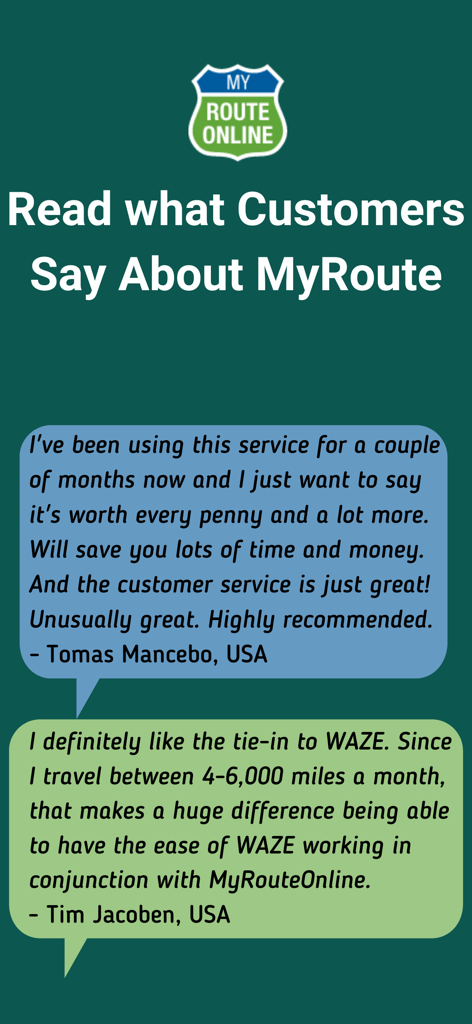 Customer reviews for MyRoute app highlighting time and money savings and Waze integration