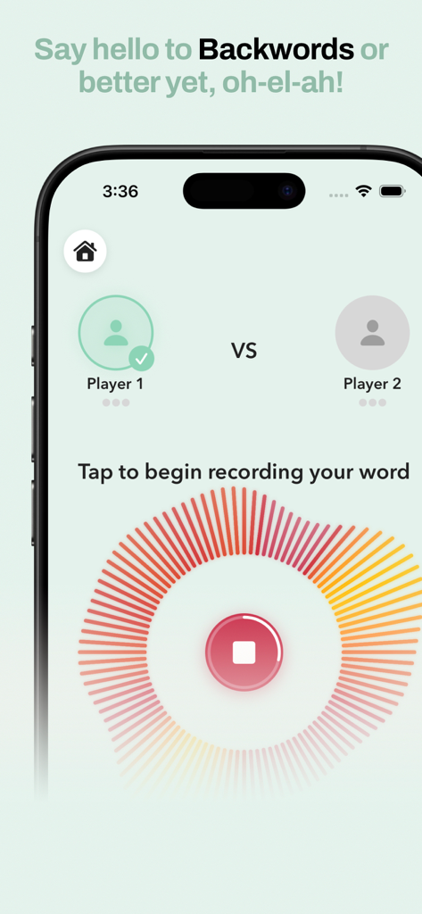 Backwords Game - Mobile screen of Backwords Game showing the voice recording interface for a two player match with a colorful audio wave.