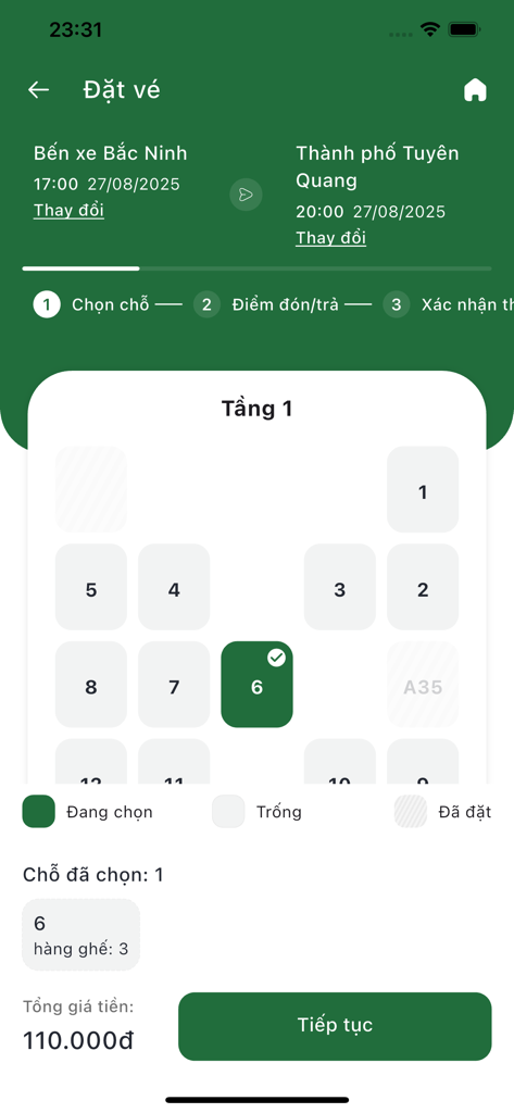 Ecrã de seleção de assentos na aplicação de reservas de autocarros Xe khach Bao Yen mostrando o layout dos assentos e o preço do bilhete para a rota Bac Ninh para Tuyên Quang