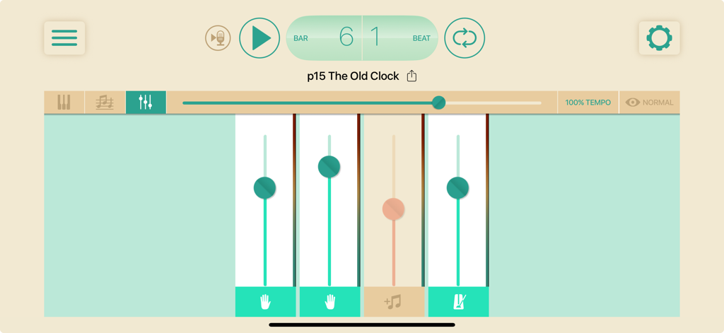 Piano Adventures® Player - Mixer interface with volume sliders for different music tracks in the Piano Adventures Player app