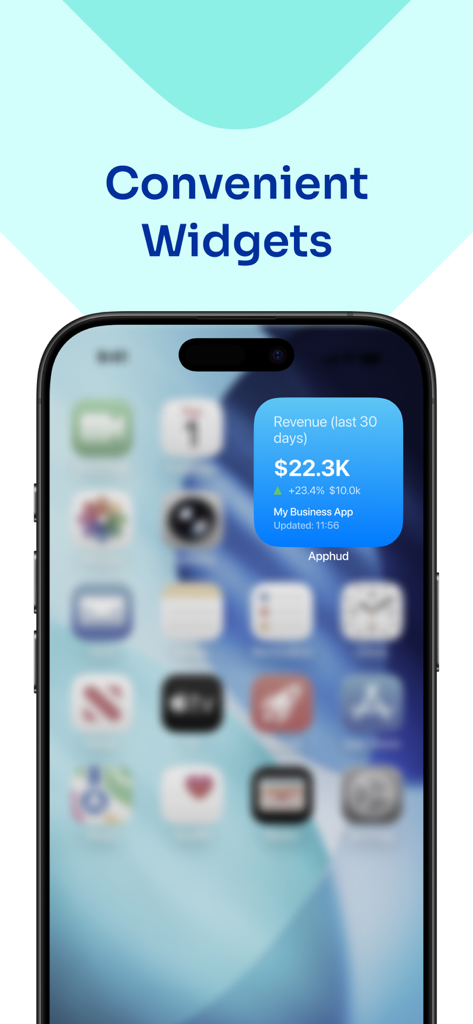 Apphud - the official app - Pantalla de inicio de smartphone con un widget de Apphud que muestra métricas de ingresos y crecimiento de la aplicación.