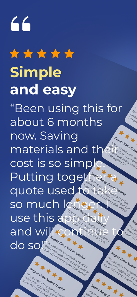 Kundenstimmen und 5-Sterne-Bewertungen für die Job Quote Maker App, die Benutzerfreundlichkeit und Geschwindigkeit hervorheben.