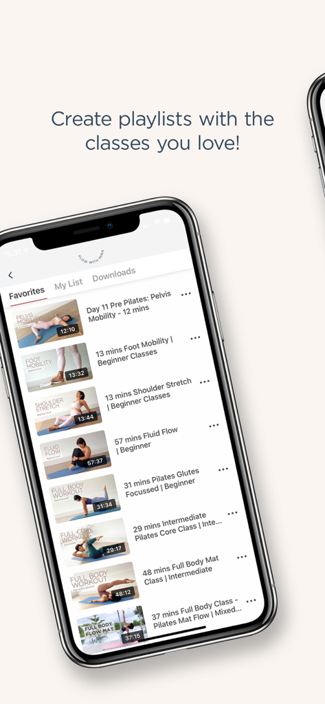 Flow with Mira Pilates - Flow with Mira Pilates app favorites screen showing a curated list of exercise videos.