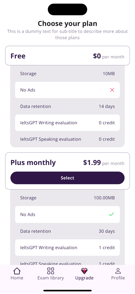 Mini IELTS - Mini IELTS app subscription screen showing free and paid plan options