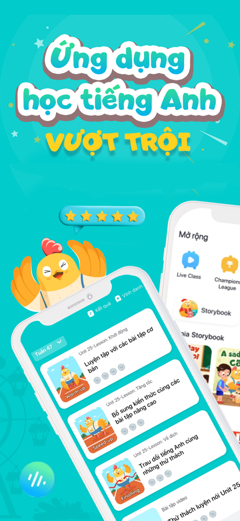 Aplicación de aprendizaje de inglés EDUPIA KID para niños con una mascota y pantallas de lecciones