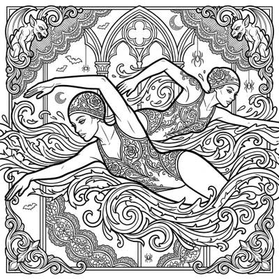 Explore a captivating coloring page featuring two graceful freestyle swimmers set against a stunning Gothic backdrop. Adorned with intricate lace, architectural details, and mystical elements, this design offers a unique artistic escape.
