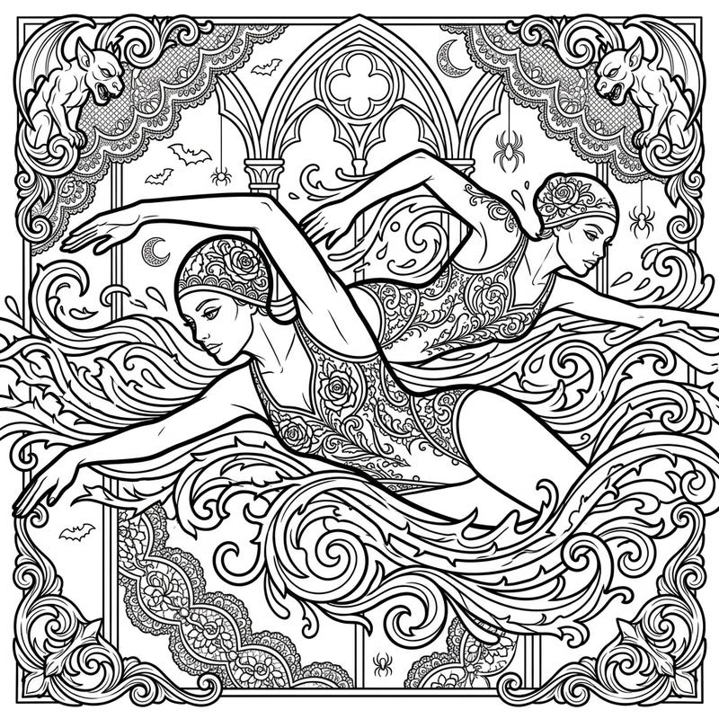 Explore a captivating coloring page featuring two graceful freestyle swimmers set against a stunning Gothic backdrop. Adorned with intricate lace, architectural details, and mystical elements, this design offers a unique artistic escape.