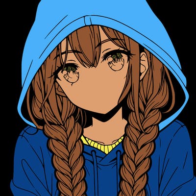 anime girl with long braids and hoodie
