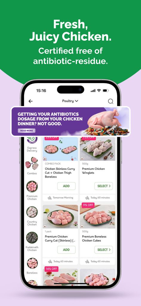 FreshToHome app screen showing fresh antibiotic free chicken cuts and poultry delivery options