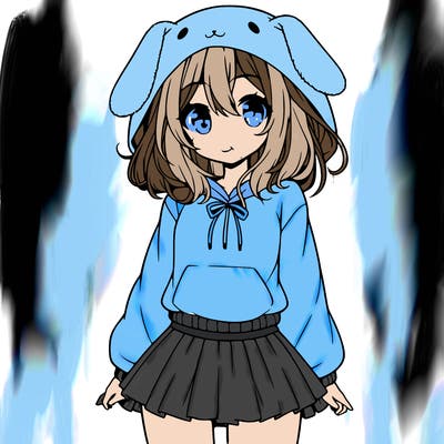 pretty anime girl wearing a fluffy hoodie with bunny ears on the hood and a skirt