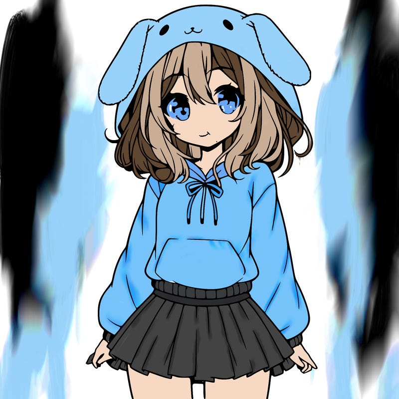 pretty anime girl wearing a fluffy hoodie with bunny ears on the hood and a skirt