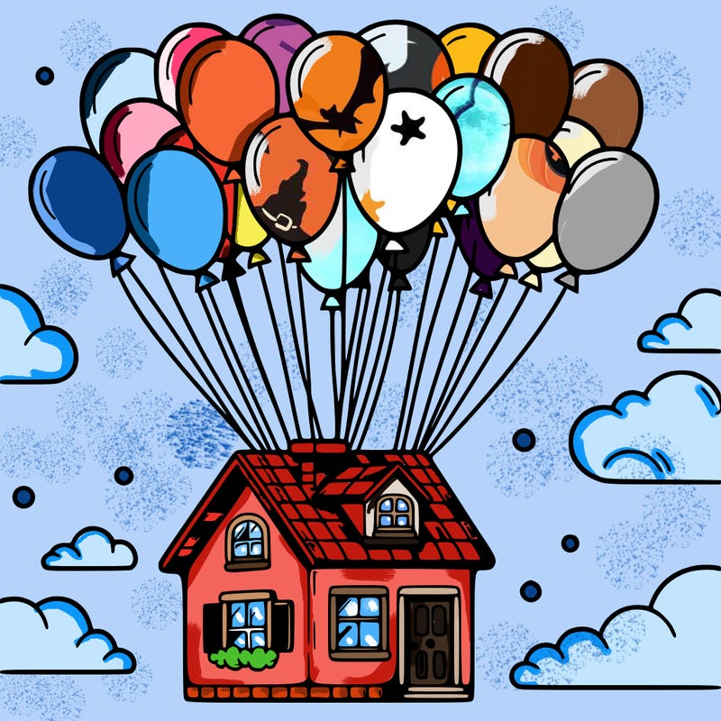 house floating from lots of balloons