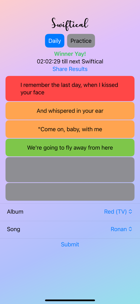 A screenshot of the Swiftical app win screen showing correctly guessed Taylor Swift lyrics