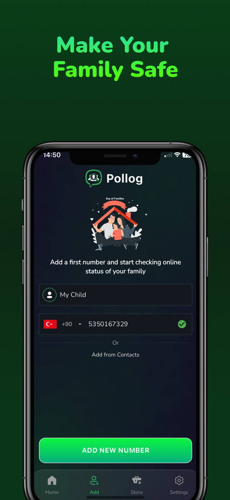 Interfaccia dell'app Pollog per aggiungere un numero di telefono di un membro della famiglia per il tracciamento online