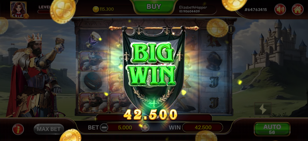 A big win announcement on a King Arthur themed slot machine in Mega Win X Slots