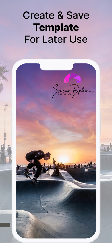 eZy Watermark Videos Pro - Una interfaz móvil que muestra un video de un skater con una firma personalizada y una plantilla de logo siendo guardada para uso futuro.