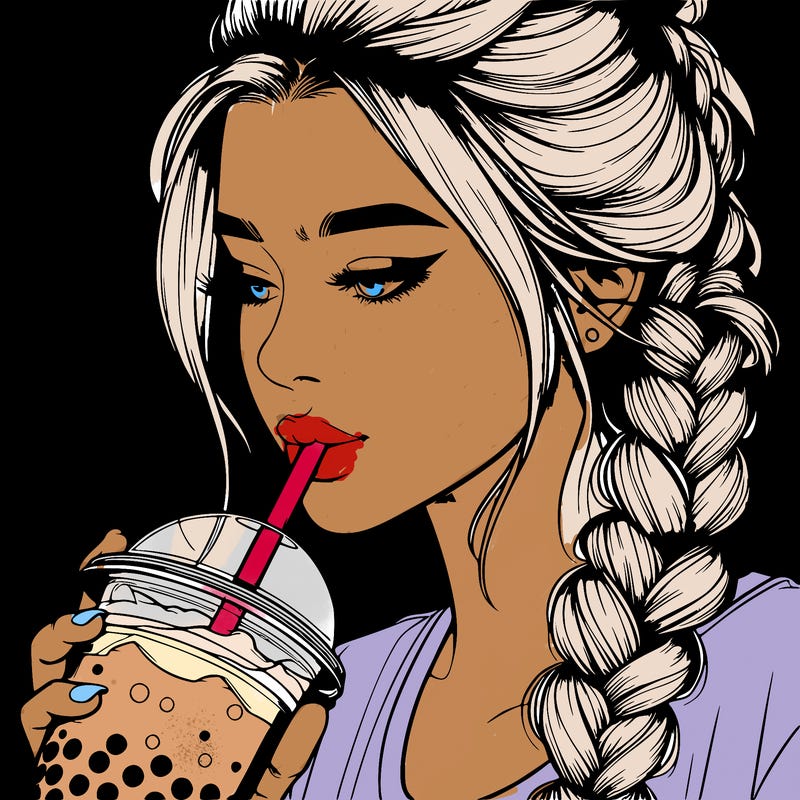 realistic girl drinking boba tea with braided hair