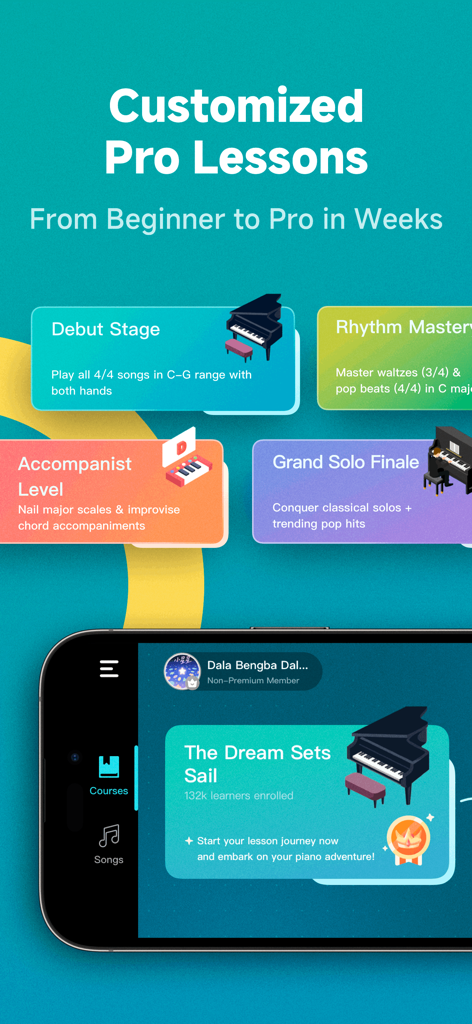 Interfaz de la aplicación KeyTap que muestra las etapas de lecciones de piano de principiante a profesional