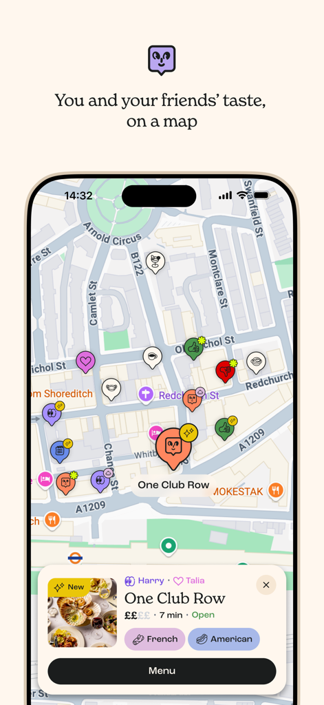 Appetite: Restaurant Tracking - Screenshot of the Appetite app showing a map with restaurant recommendations and ratings shared by friends.