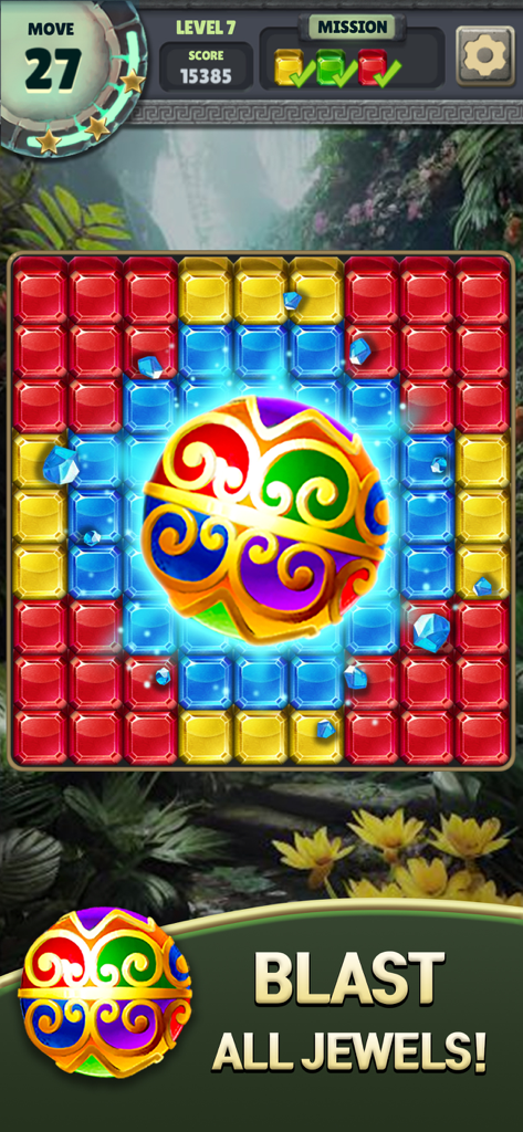 Pantalla de juego de Jewel Blast Temple mostrando joyas coloridas y un orbe circular de potenciador