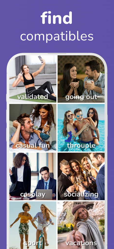 Lovemix Social Club - Interface do aplicativo Lovemix Social Club exibindo uma grade de categorias de atividades sociais como esportes, férias e socialização para encontrar correspondências compatíveis