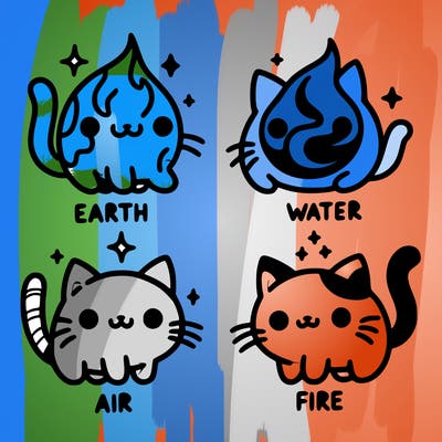 4 cats that represent the different elements, earth, water, air, and fire
